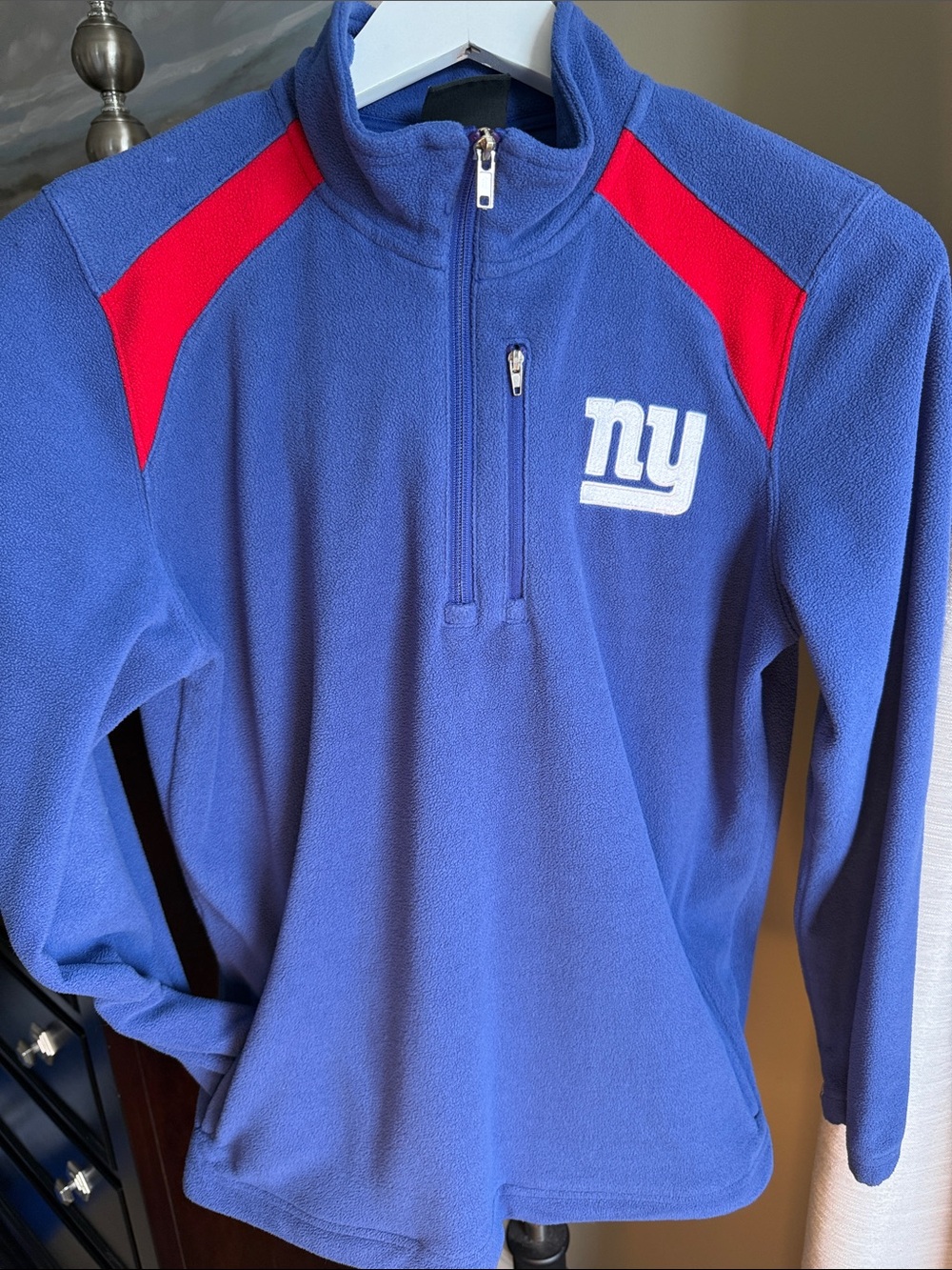New York Giants Blue and Red Quarter-Zip Fleece Pullover Kids Large